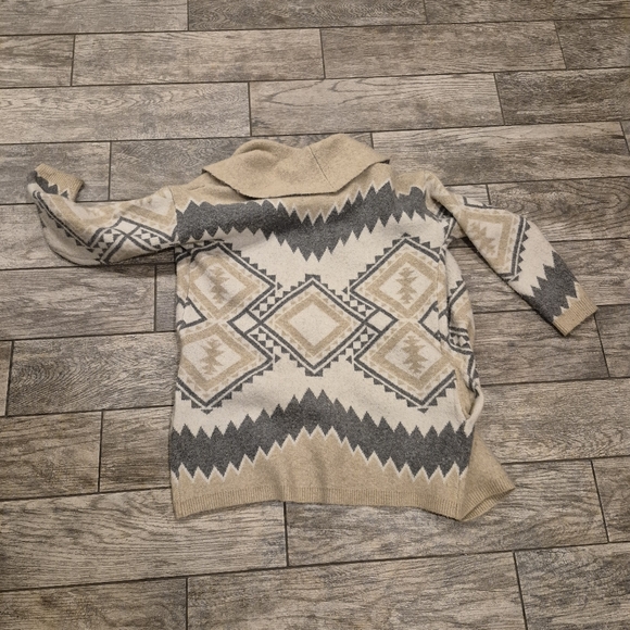 Tahari Aztec Southwest Open Front Cardigan Sweater Large Shawl Collar Boho Tan - Picture 5 of 5